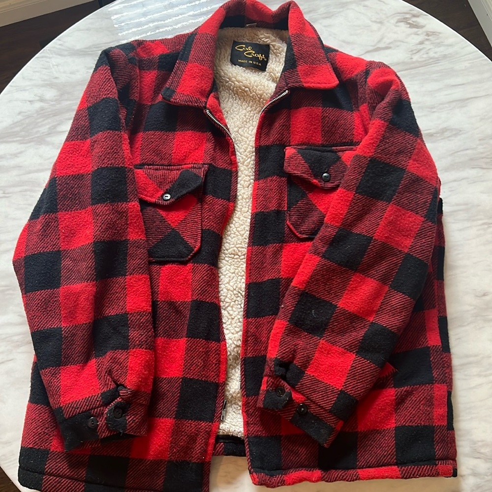 Vintage 70s Cal Craft Buffalo Plaid Chk Red&Black Wool Sherpa Jacket Mens sz XL